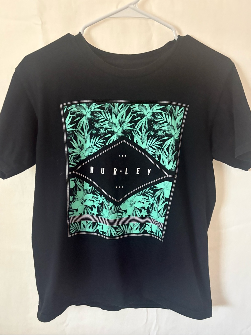 Hurley Black Tee with Teal Tropical Graphic